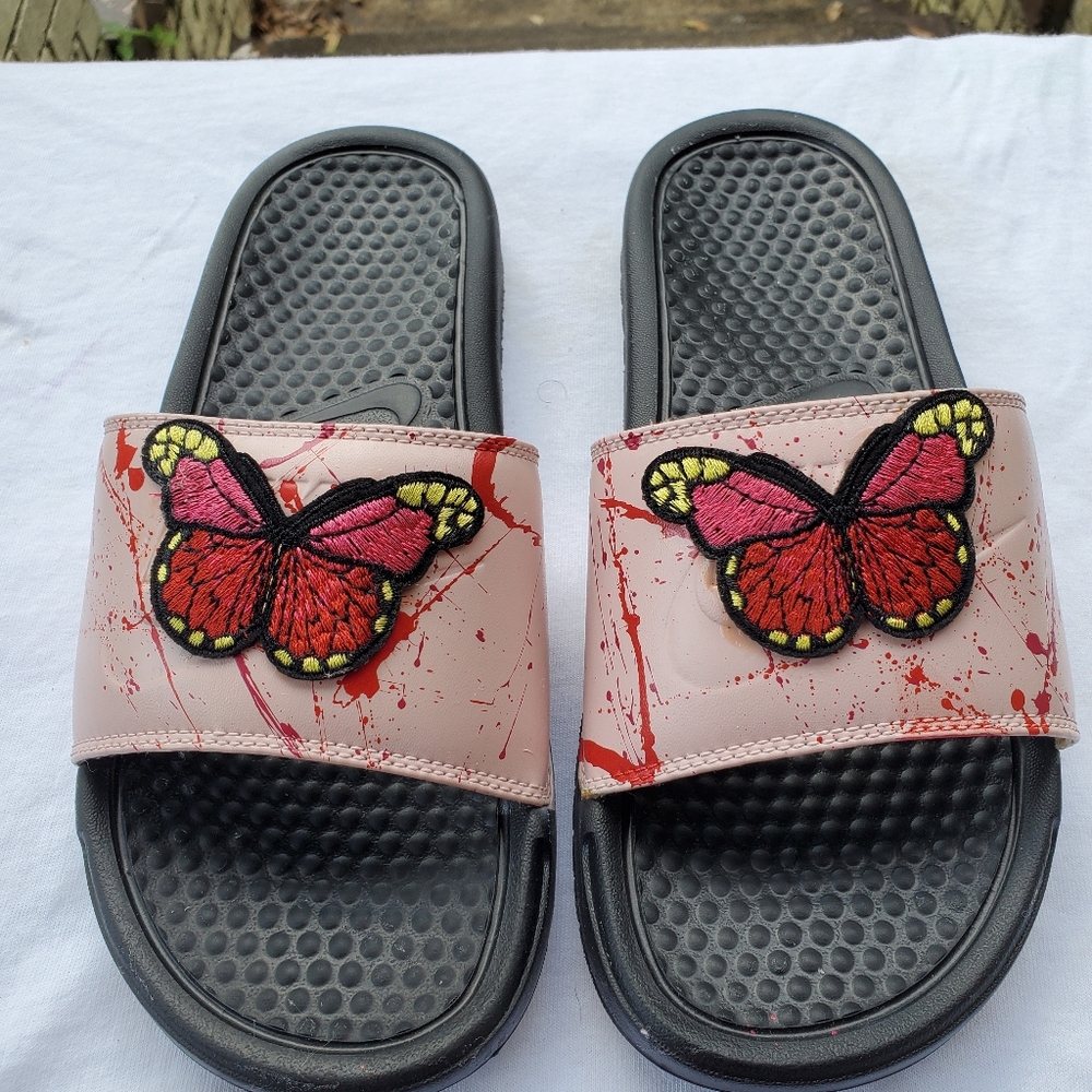 Pink Splatter Nike Embroidery Butterfly Slides